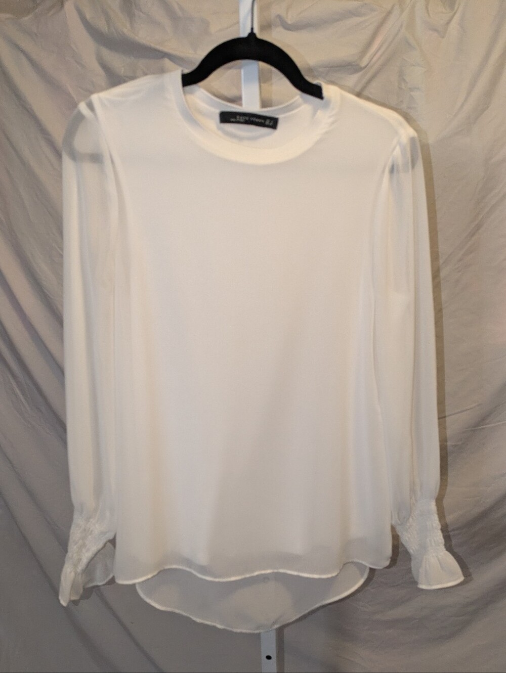 Zara Woman Sheer Layered Long Sleeve Blouse White Smocked Cuffs High-Low Hem Sm.
